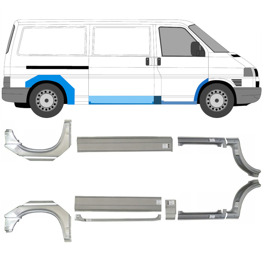 Küszöb + Első + Hátsó Sárvédő Javító Panel Hoz Vw Transporter T4 1990- / Lwb / Bal+Jobb / Készlet 5340